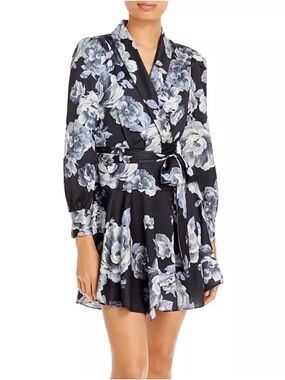MILLY Samara Satin Floral Wrap Mini Dress Black Gray Size 6